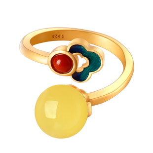 小银匠天然蜜蜡琥珀纯银金镶玉转运珠戒指女新中式国风珐琅金包银