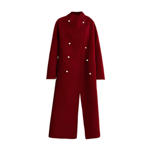 DPLAY2025年冬季新款红色双面呢子大衣珍珠扣100绵羊毛长款外套女