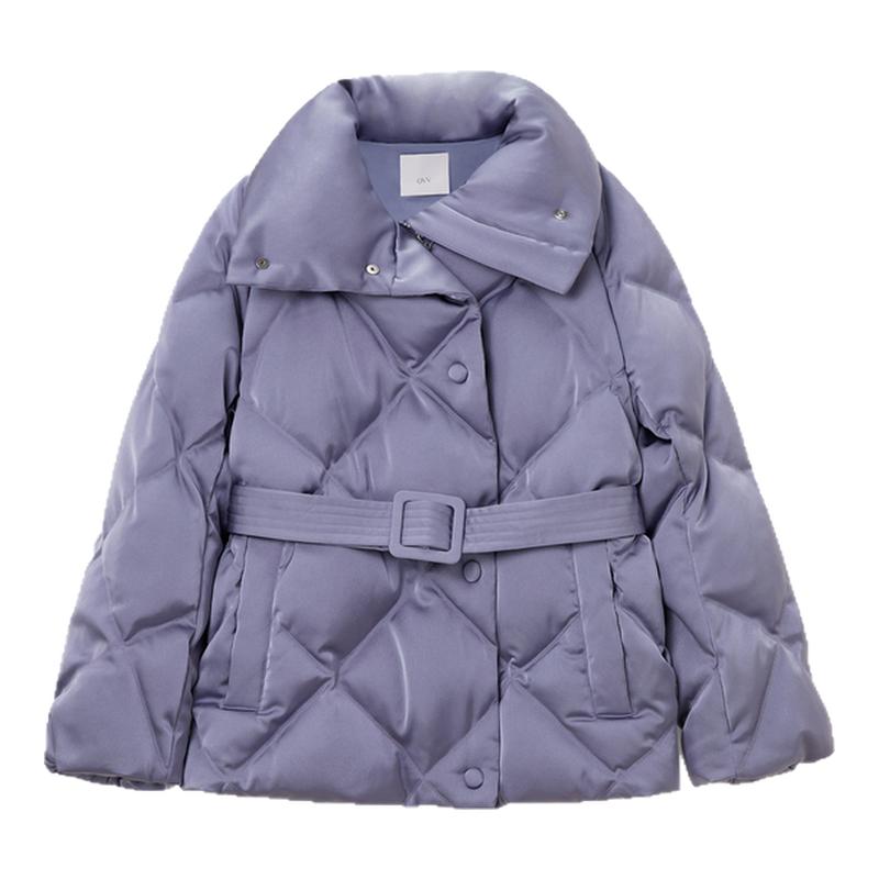 OVV秋冬女装光泽感缎面菱形格高领白鹅绒直筒羽绒服GWRAJ43112A