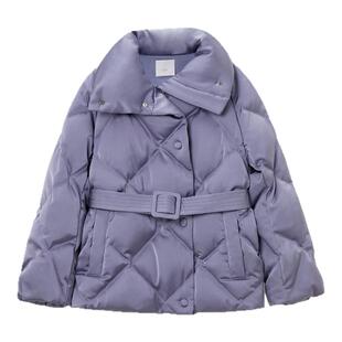 OVV秋冬女装光泽感缎面菱形格高领白鹅绒直筒羽绒服GWRAJ43112A