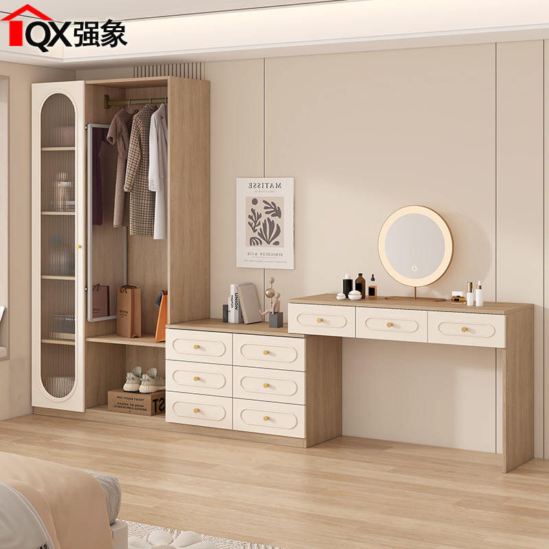 中古风床尾柜斗柜梳妆台一体卧室收纳储物衣柜挂衣架书桌定制A73