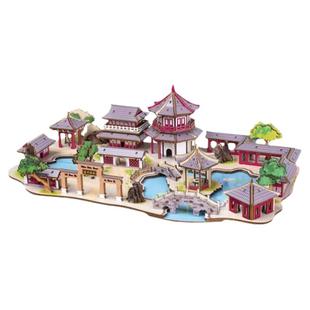 苏州园林模型木质立体拼图手工diy拼装国风古建筑积木拼装玩具