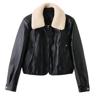 加厚短款羽绒服女2025冬季新款小个子羊羔毛翻领PU皮外套夹克皮衣