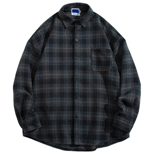 怕生的鹿 日系vintage复古毛呢格子衬衫男女宽松厚款磨毛衬衣外套