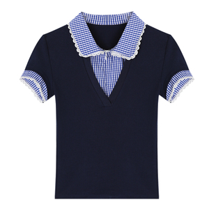 大于诗集 高尔夫俱乐部复古格纹T恤拼接撞色娃娃领假两件短袖上衣