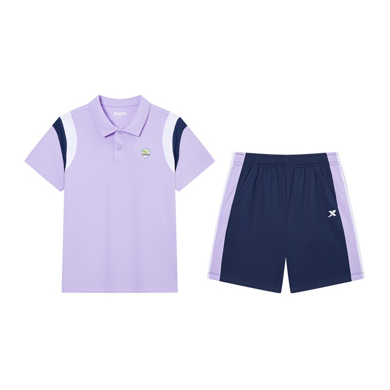 特步童装夏季新款男女童翻领亲肤柔软短袖针织衫小中大童运动套装