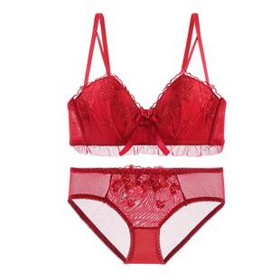浪莎大红文胸套装本命年内衣女小胸聚拢美背结婚新娘内裤文胸罩DT
