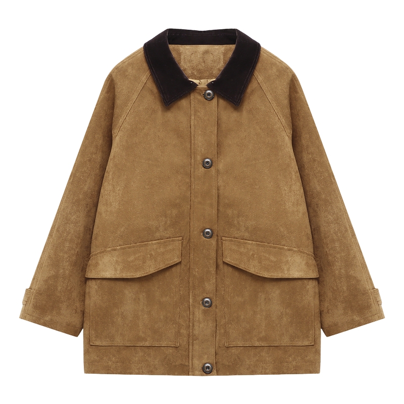 Basic House/百家好撞色仿麂皮外套女士秋冬新款翻领通勤休闲夹克