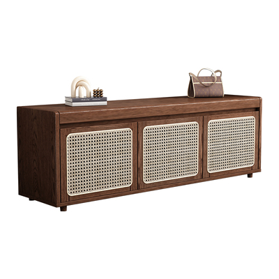 实木藤编鞋柜坐凳一体原木风