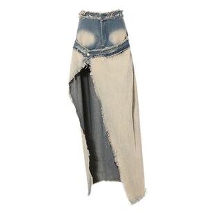 EAM STUDIO废土风不规则做旧毛边侧开叉牛仔半身裙女春夏高腰长裙
