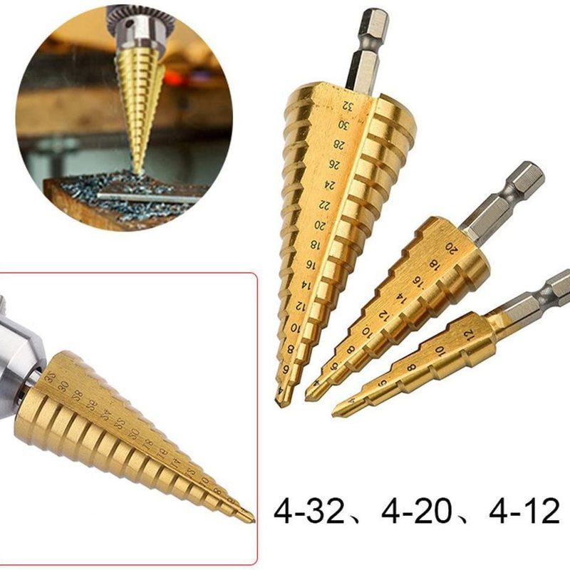 六角柄宝塔钻头铁专用阶梯扩孔开孔器高速钢镀钛3pc布袋装4-40mm