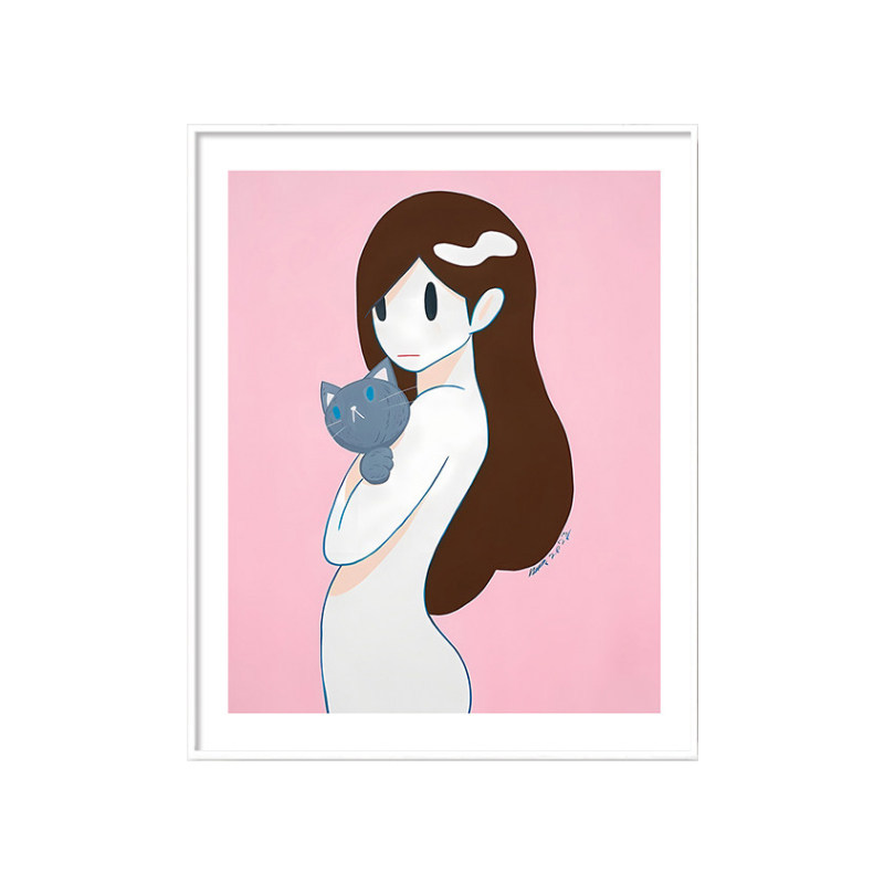 抱猫女孩可爱唯美意境卧室装饰画
