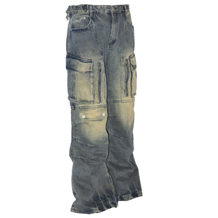 GECKOGOGO美式街头休闲大口袋工装裤重磅洗水做旧解构宽松长裤