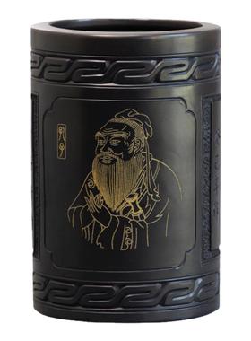 龙山黑陶孔子文创笔筒纯手工雕刻