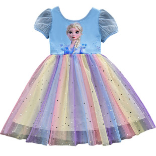 女童连衣裙短袖三岁宝宝女宝夏天裙子小女孩生日宴网纱彩虹公主裙