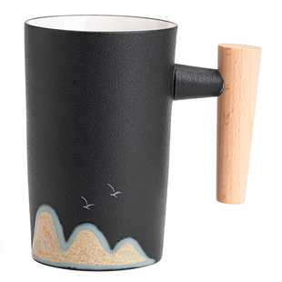 记今朝《万里山河》手绘陶瓷水杯花茶杯家用办公室泡茶杯日式木把