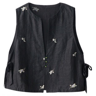 一丝牵 重工钉珠刺绣 真丝香云纱马甲女100%桑蚕丝无袖T恤V领上衣