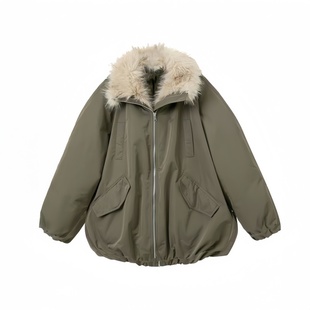 2025冬季新款毛绒拼接巴恩风花苞派克棉服女美式复古加厚棉衣外套