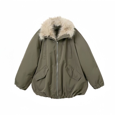 毛绒拼接巴恩风花苞加厚派克棉服