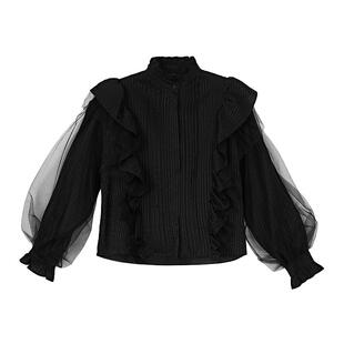 sdeer圣迪奥女装复古木耳边圆领网纱泡泡袖衬衫S221Z0520