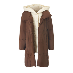 EVAOUXIU时髦拼接假两件秋冬连帽羽绒服女宽松中长款白鸭绒暖外套