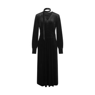 衣香丽影黑色飘带丝绒连衣裙女2025年冬装新款法式赫本风小黑裙子