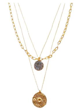 小众三层链条闪钻哑光圆牌项链