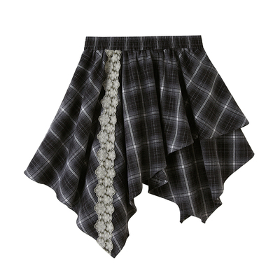 DIDDIMODA 不规则格纹蕾丝拼接短裙A字短款半身裙25年秋季新款