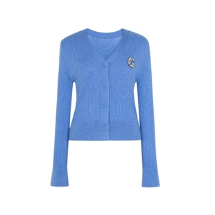 XG/雪歌XK111014A324 宝蓝色绣花长袖毛针织衫无领开衫毛衣外套女