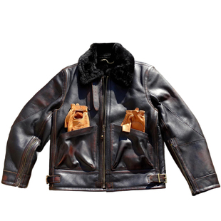 战损补丁原生态羊皮毛一体美式复古手工做旧擦色真皮皮衣