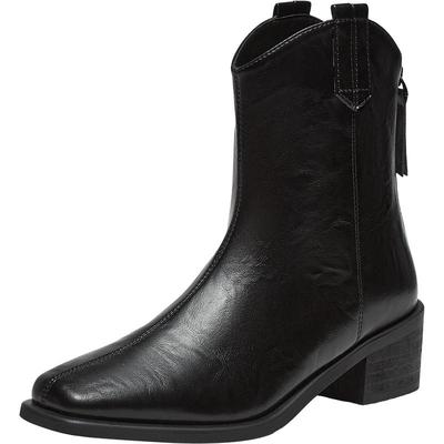 百思图2025冬商场新款气质显瘦V口骑士短靴粗跟女马丁靴B7206DZ5