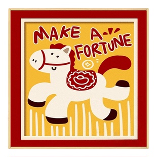 墨濯尘马上有钱2026新款装饰画卧室客厅摆件油画布红色马图案晶瓷