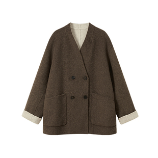CROWNLESS未冕25冬新品随性廓形异色羊毛双面呢外套/可脱卸围巾女