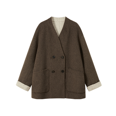 CROWNLESS未冕25冬新品随性廓形异色羊毛双面呢外套/可脱卸围巾女