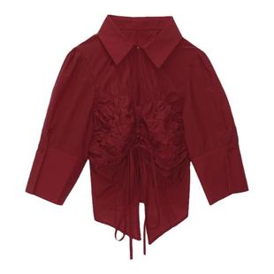 TROPICEYE 24夏季超薄抗皱棉质短衬衫显瘦可爱五分袖镂空系带上衣