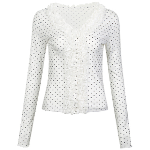 GUUKAHERO白色木耳花边波点正肩V领长袖T恤女春甜美修身针织开衫