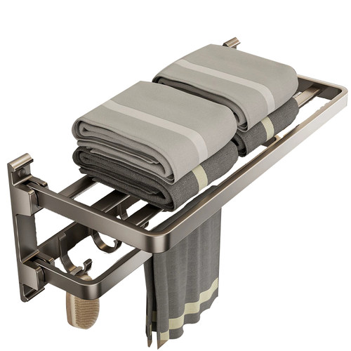 枪灰毛巾架免打孔卫生间置物架浴室放衣服神器挂件套装折叠浴巾架