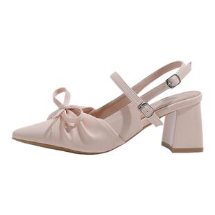 真皮~骄屿绝美裸粉色玛丽珍高跟鞋女气质尖头包头凉鞋不累脚单鞋