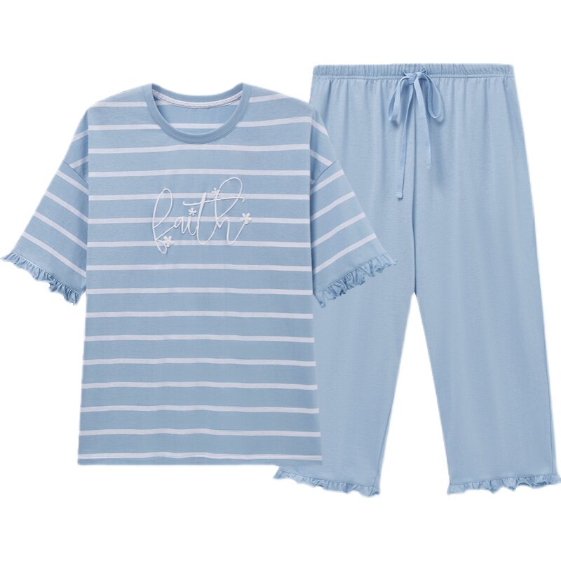 三枪纯棉短袖中裤睡衣宽松家居服