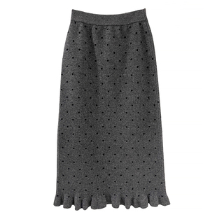 misslady洋气荷叶边波点针织半身裙女高腰鱼尾包臀修身显瘦长裙冬