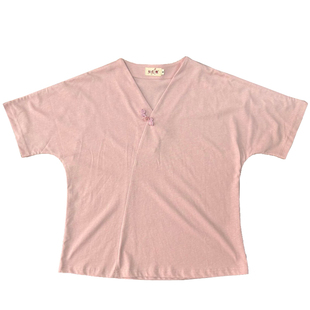 拈花缘新中式汉服V领短袖上衣女夏季宽松斜襟设计感紫色T恤女