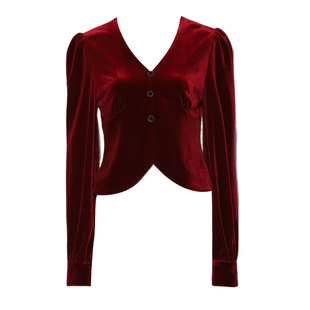 DPLAY2025年春季新款法式红色衬衫女丝绒上衣复古洋气港风衬衣