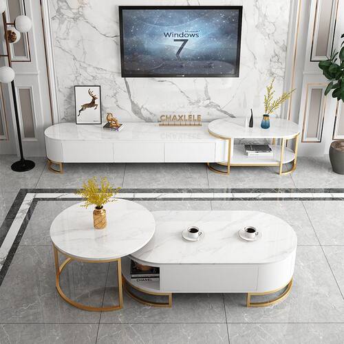 北欧客厅可伸缩岩板视听柜 家用落地白色地柜 铁艺电视柜茶几套装