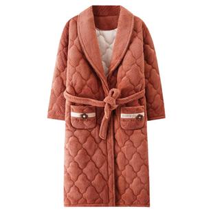 猫人冬款睡袍女珊瑚绒三层夹棉袄加厚加绒长款浴袍睡衣法兰绒