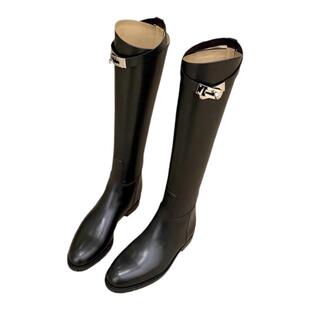 2025春秋新款斜口锁扣带粗跟高筒骑士靴女长靴冬季显脚小长筒靴女