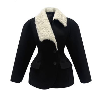 2025年冬季新款韩版收腰显瘦沙漏加厚不对称毛领拼接羊毛呢外套女