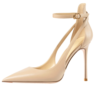 2025年新款裸色软皮中空凉鞋女夏季包头一字带绑带细跟尖头高跟鞋