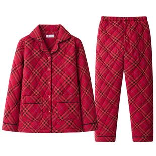 睡衣女款三层夹棉加厚纯棉秋冬季红色本命年格子新款女家居服套装