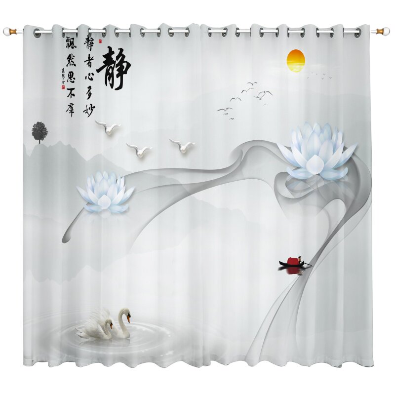 荷花窗帘中式禅意茶室不透人纱帘