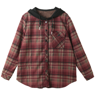 孔雀飞飞 原创设计 冬装新款韩版大码遮肉连帽格子加绒衬衫女款